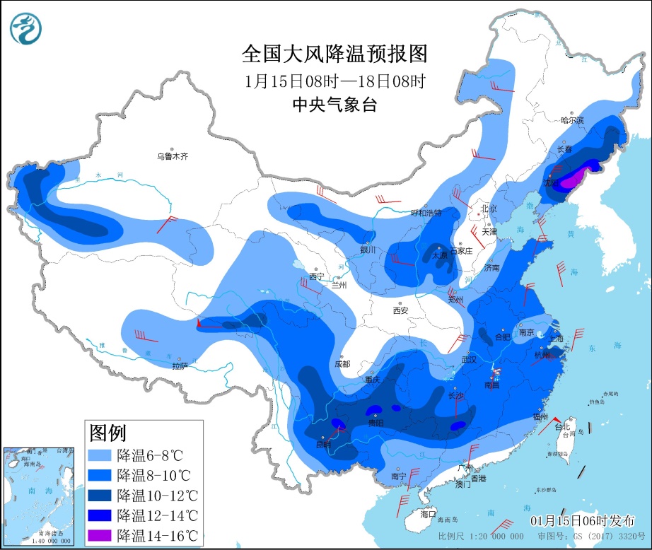 较强冷空气继续影响我国大部地区 东部和南部海区有大风