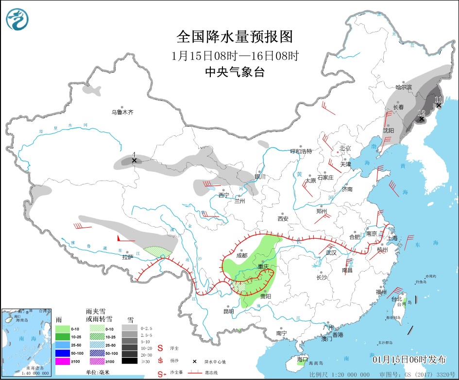 较强冷空气继续影响我国大部地区 东部和南部海区有大风