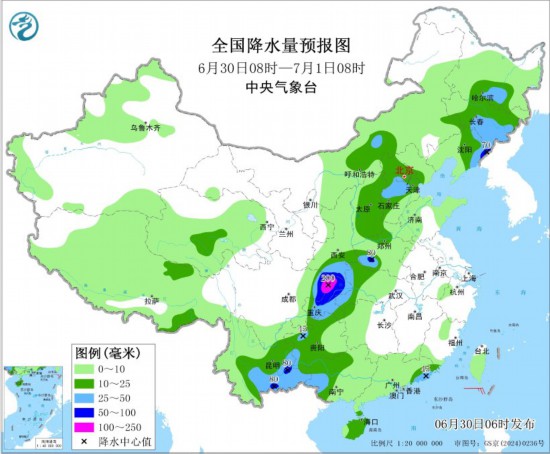 中央气象台:四川东北部重庆等地有强降雨 全国降水量预报图(6月30日08时-7月1日08时)